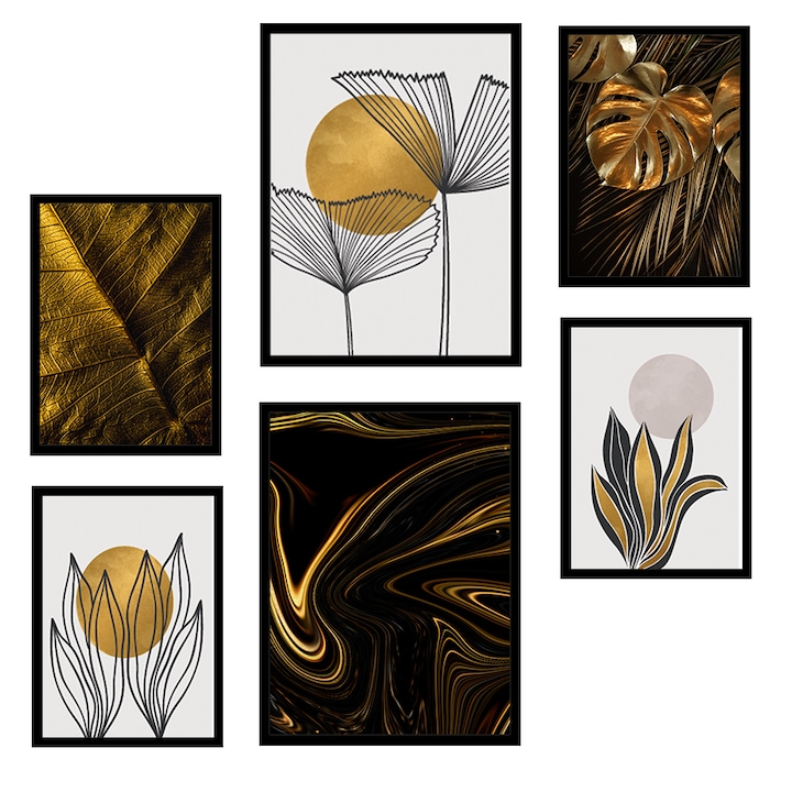 Set tablouri decorative PoStar, Natura/Frunze aurii, 6 Piese