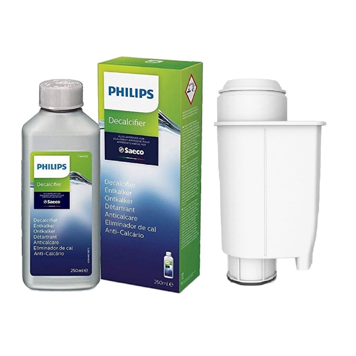Kit de intretinere pentru espressor Philips/Saeco/Gaggia, Philips, CA6700/10, Filtru Aqualogis AL-Inte +, Solutie decalcifiere 250 ml