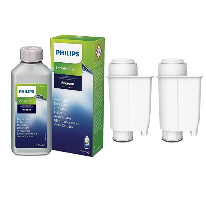 Kit de intretinere pentru espressor Philips/Saeco/Gaggia, Philips, CA6700/10, 2 x Filtru Aqualogis AL-Inte +, Solutie decalcifiere 250 ml