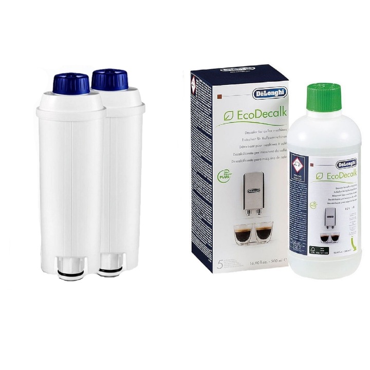 Kit intretinere espressor, DeLonghi, 2 x Filtru apa Aqualogis AL-S002, Solutie decalcifiere EcoDecalk 500 ml