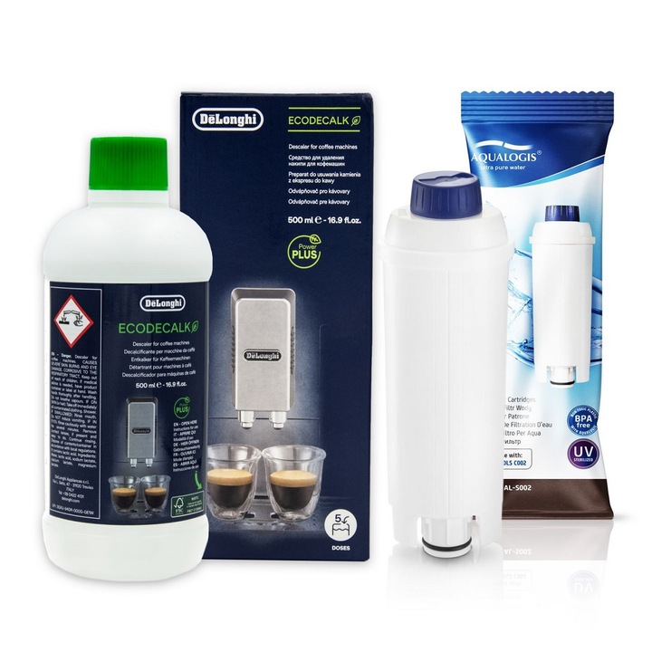 Kit intretinere espressor DeLonghi – Filtru apa Aqualogis AL-S002, Solutie decalcifiere EcoDecalc 500 ml, reduce calcarul, imbunatateste gustul cafelei, protectie aparat si performanta optima