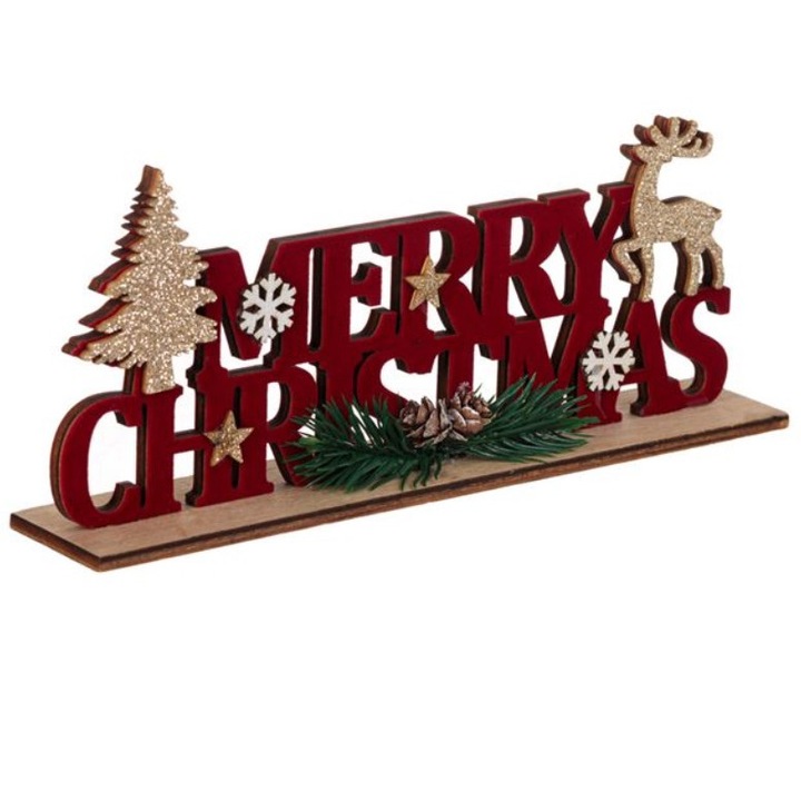 Decoratiune de Craciun, cu inscriptie Merry Christmas din lemn, 21,5x4x9,5cm, M Deco