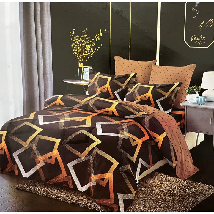 Set Lenjerie pat dublu, 6 piese, bumbac finet, romburi modeluri 230 X 250