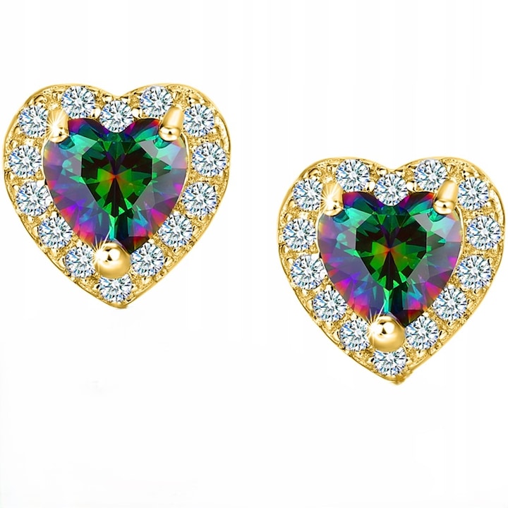 Cercei din argint 925 placat cu aur, model inima, multicolor, cu piatra topaz, pentru femei si fete