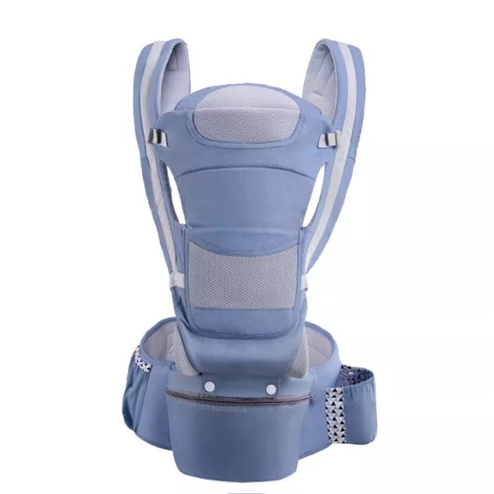 Marsupiu ergonomic, pentru bebe cu scaunel, 0-36 luni, ajustabil, multifunctional, all season, bumbac, albastru
