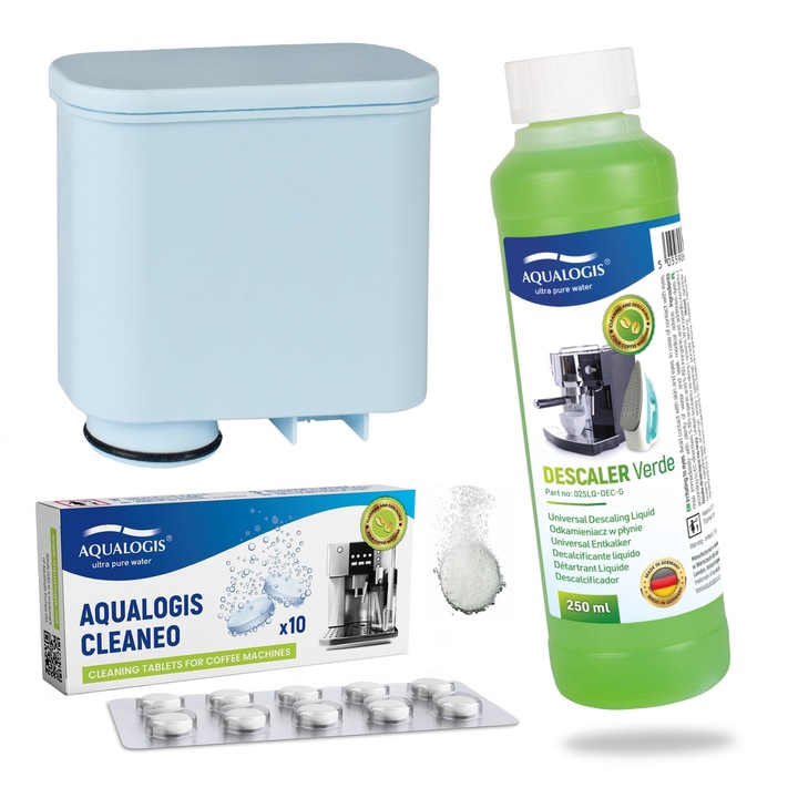 Aqualogis karbantartó készlet eszpresszógéphez, AL-Clean szűrő, vízkőoldó oldat 250 ml, 10x cleaneo tisztító tablettak