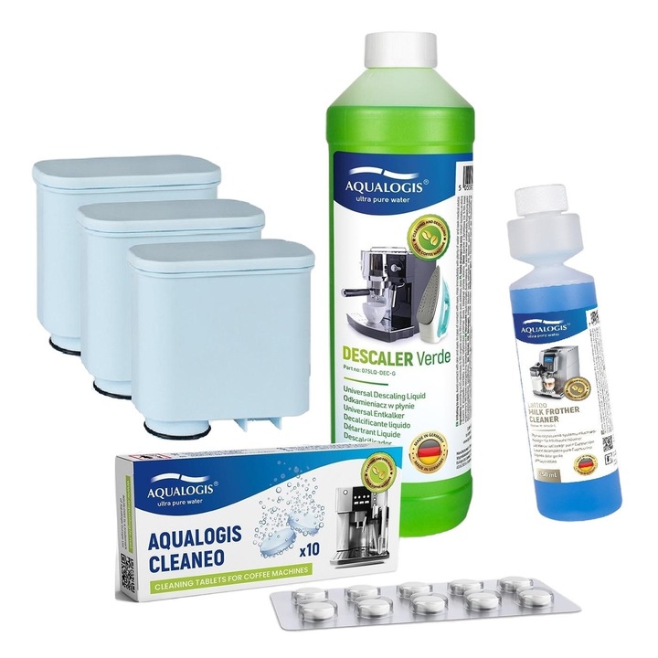 Kit de intretinere pentru espressor Philips/Saeco, Aqualogis, 3 x Filtru AL-Clean, Tablete Cleaneo, Solutie Verde 750 ml, Solutie Latteo 250 ml