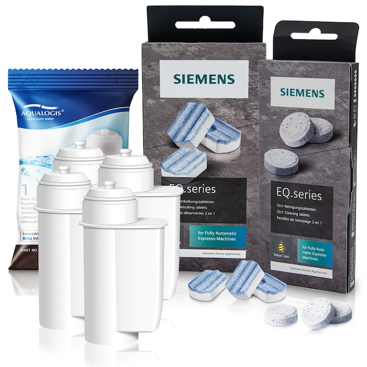 Kit intretinere espressor Bosch, Siemens, Gaggenau – 4x filtru apa Aqualogis AL-Inte + tablete curatare si detartrare compatibile EQ Series, curatare eficienta, protectie anti-calcar, gust pur pentru fiecare cafea