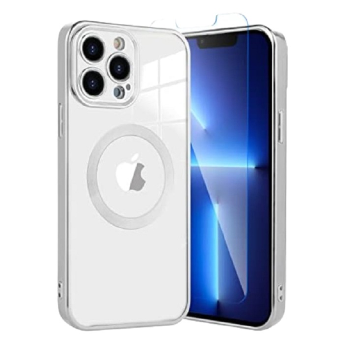 iPhone 14 Pro Silver készülékkel kompatibilis szilikon tok mágneses töltéssel és kameravédelemmel