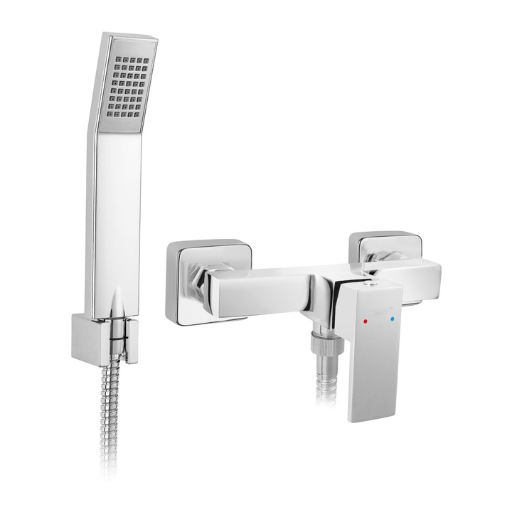 Fürdőszoba zuhanycsaptelep, Ferro Staccato BSD77, falra szerelhető, tartozékok mellékelve, ráhelyezett rögzítés, egykaros, krómozott kivitel, 10,7 cm