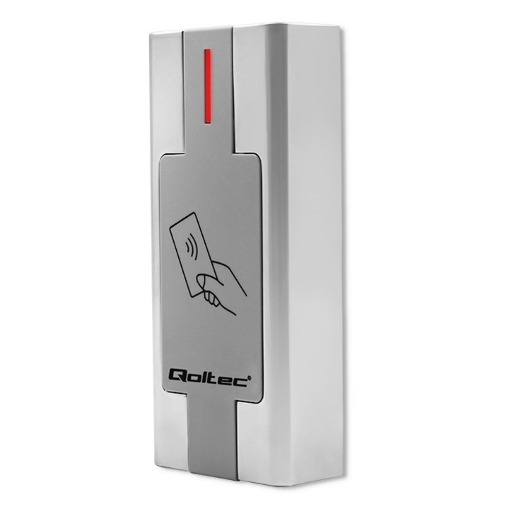 Proximity Reader, Qoltec, 52446, Típus: Vezetékes, Átviteli típus: Rfid, Védelmi osztály: Ip68, Jelzés: fény és hang, 35 x 42 x 100 mm, Ezüst, Max 2000 felhasználóval