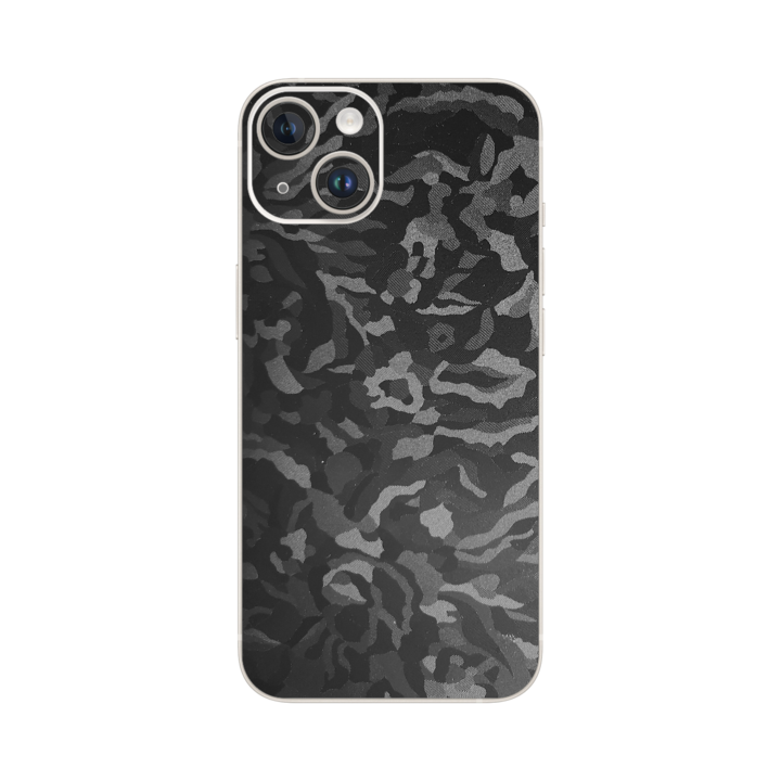 iSkinz Folie Apple iPhone 15-höz – Camo Negru fekete árnyék, 360 fokos vágás, teljes testet fedő tapadó bőr, hát- és oldalvédő tok