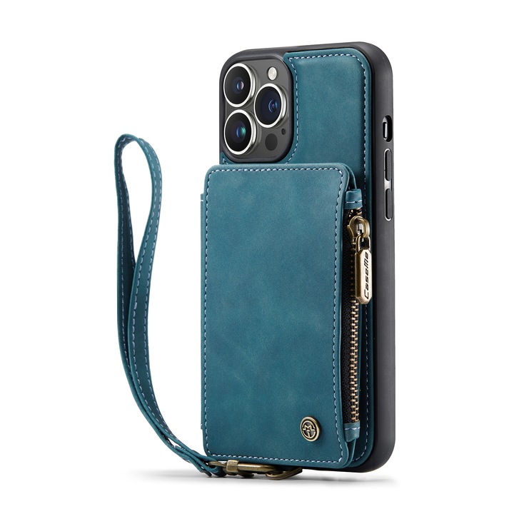 Калъф за iPhone 14 Pro, кожа с кадифена текстура, back cover, отделение за карти, джоб с цип, отделяща се каишка, RFID защита, Син