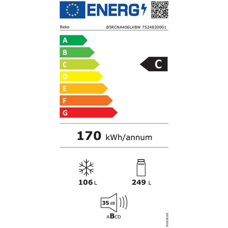 Combina frigorifica Beko B5RCNA406LXBW, 355 l, No Frost, HarvestFresh, AeroFlow, BioCycle, Clasa C, 203,5 cm, Metal Look