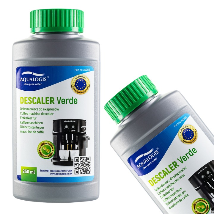 Solutie decalcifiere universala Aqualogis Verde, 250 ml, compatibila cu toate espressoarele, indeparteaza eficient calcarul, prelungind durata de viata a aparatului de cafea