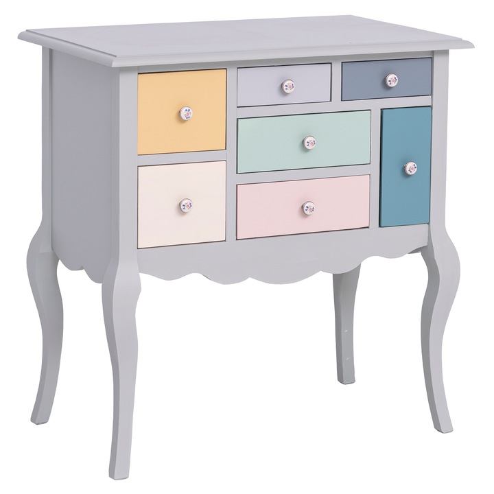Konzol ívelt lábakkal és 7 fiókkal, festett, bútortest színe világos szürke, fiókok multikolor, 100% tömör fa, 80x40x82 cm