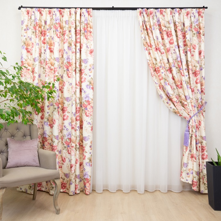 Set 3 piese Hiko, doua draperii inflorate Shabby Chic 2x140x245cm si o perdea din voal Ana 300x245cm, cu rejansa