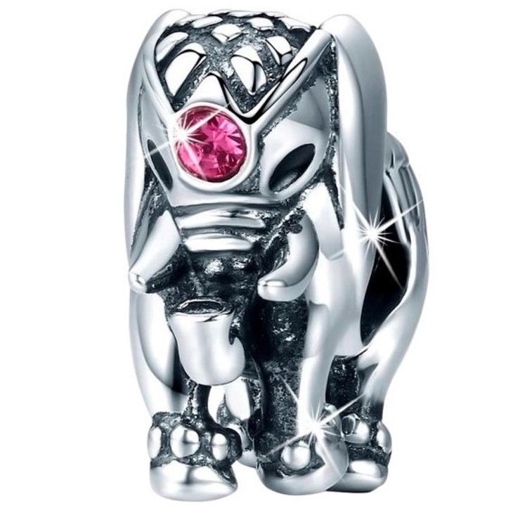 Talizmán bűbáj, Mennica Bydgoska, ezüst 925, elefánt minta, cirkon kövek, ezüst/rózsaszín