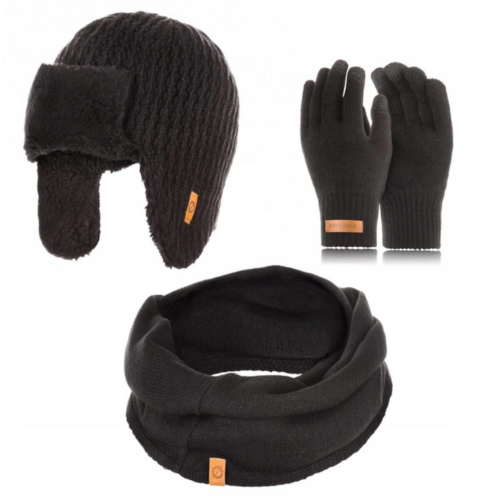 Set caciula cu fular si manusi barbati Brodrene, Acril, Negru
