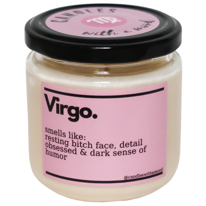Lumanare parfumata, Candles with a mood, zodia Fecioara, din ceara de soia, cu aroma de ironie si buna dispozitie, 210 g