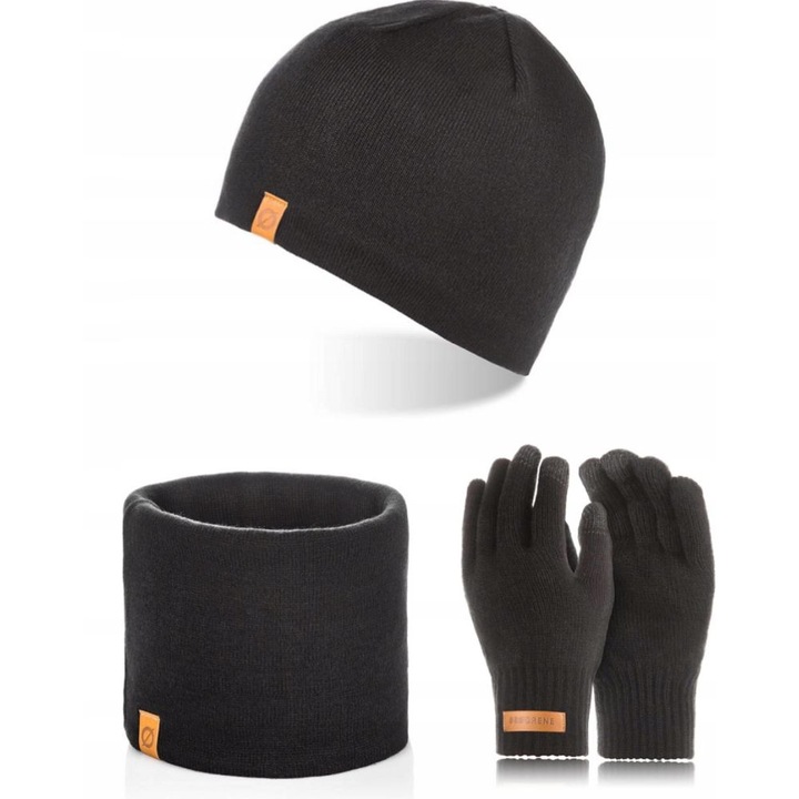 Set caciula cu fular si manusi barbati Brodrene, Acril, Negru