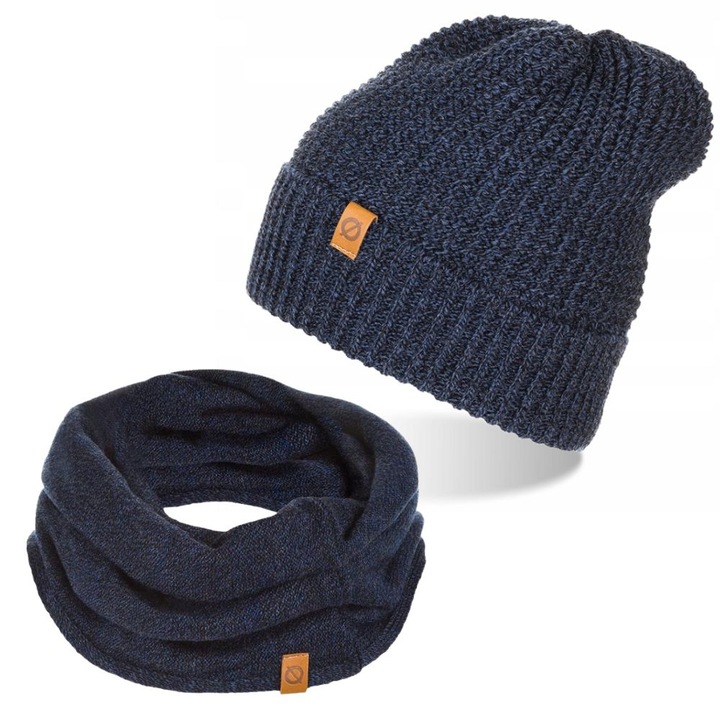 Set caciula cu fular barbati Brodrene, Acril, Albastru inchis