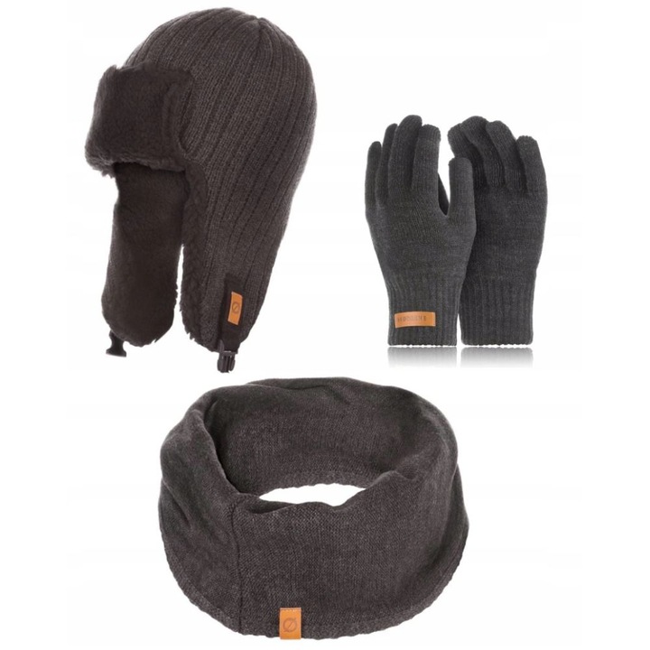 Set caciula cu fular si manusi barbati Brodrene, Acril, Gri inchis