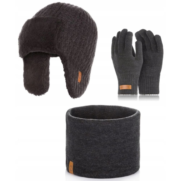 Set caciula cu fular si manusi barbati Brodrene, Acril, Gri inchis