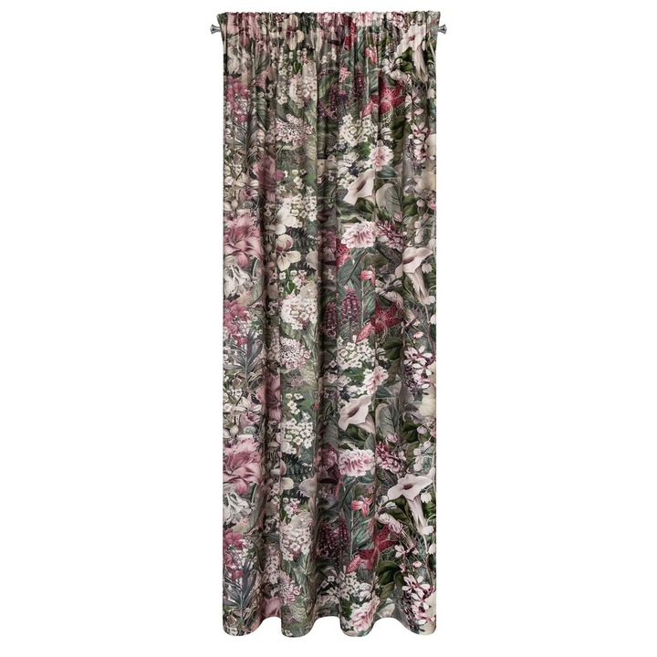 Eurofirany GLORY dekoratív függöny ráncolószalaggal, 140x270 zöld rózsaszín virágok