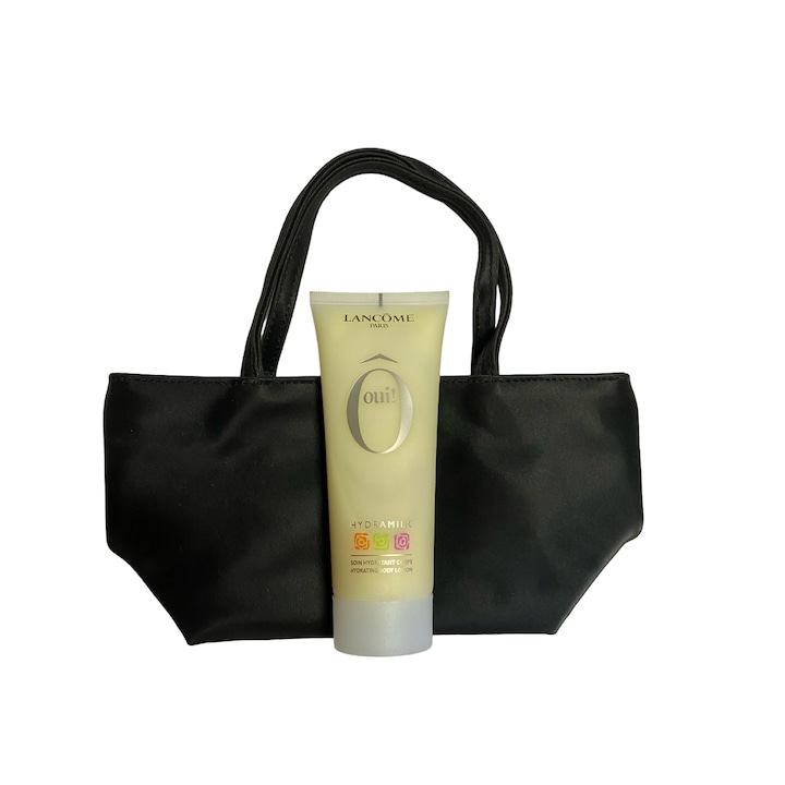 Lancome készlet tartalmaz egy fekete kozmetikai táskát 23x11cm, egy Oui Hydramilk testápolót 100ml