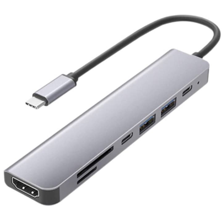 Докинг станция 7 в 1, Vaxiujia, 2×USB, HDMI, SD/TF, 2×PD, Type-C, Съвместим с лаптопи и други устройства тип C, Сребрист