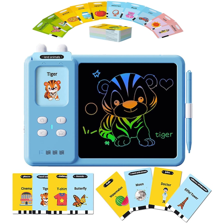 MorFansi STEM LCD Táblagép, kártyaolvasóval, gyerekeknek, 2 az 1-ben, 112 darab szókártya íráshoz, rajzoláshoz és tanuláshoz, 3 év felett, kék