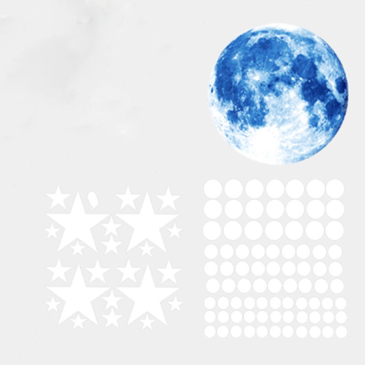 Sticker Fosforescent, Vaxiujia, 20cm, Auto Adezive, Luna si stelele rotunde, Potrivit pentru decorarea tavanului dormitorului pentru bebelus baiat fata, Albastru