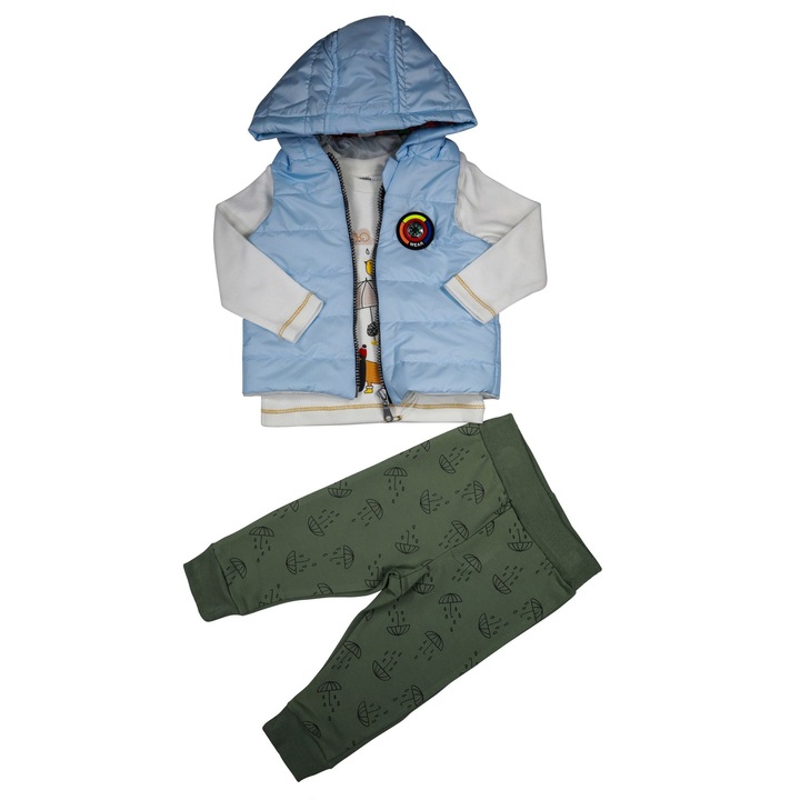 Compleu Baieti "Compass" 3 Piese Vesta Cu Gluga, Bluza Maneca Lunga Si Pantaloni Lungi, Kaki