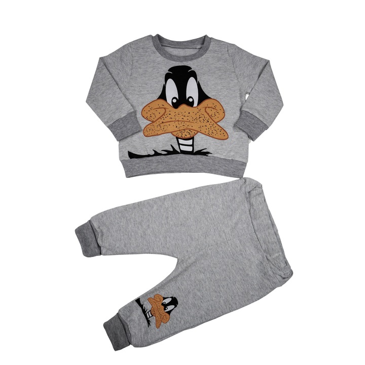 Compleu Bebelusi Baieti " Duck" 2 Piese Bluza Maneca Lunga Si Pantaloni Lungi 100% Bumbac, Gri