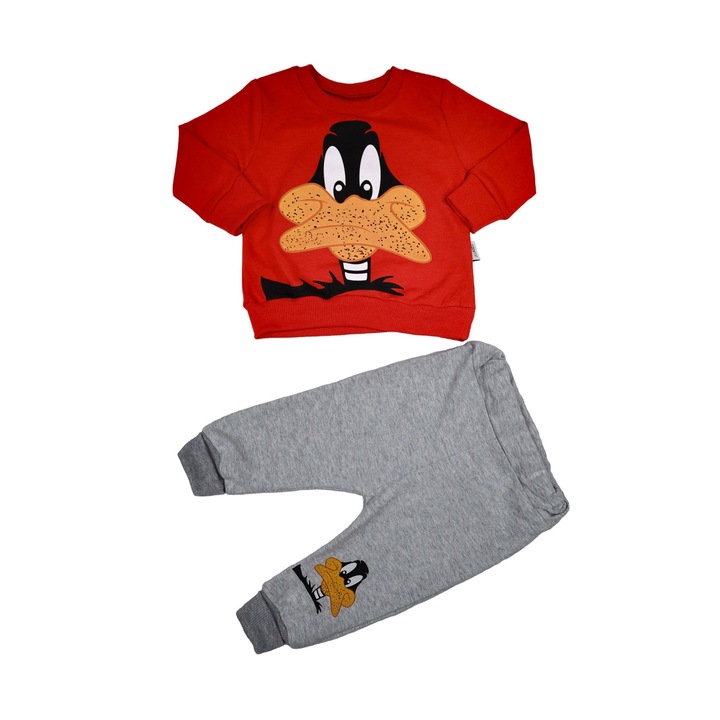 Compleu Bebelusi Baieti " Duck" 2 Piese Bluza Maneca Lunga Si Pantaloni Lungi 100% Bumbac, Rosu