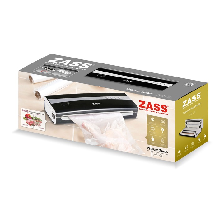 Устройство за вакуумиране на храни за домакинска употреба Zass ZVS 05 Black, 110W, цифров сензорен панел, идеален за Sous Vide, за мокра и суха храна