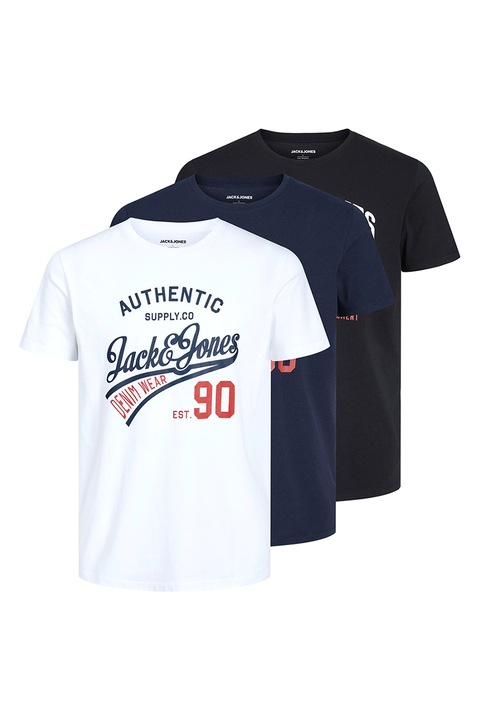 Jack & Jones, Тениски с лого, 3 броя, Бял/Черен/Тъмносин
