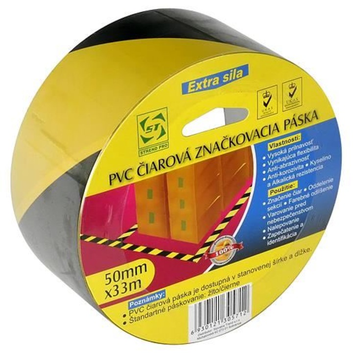 Öntapadó figyelmeztető szalag, sárga-fekete, 50 mm x 33 m