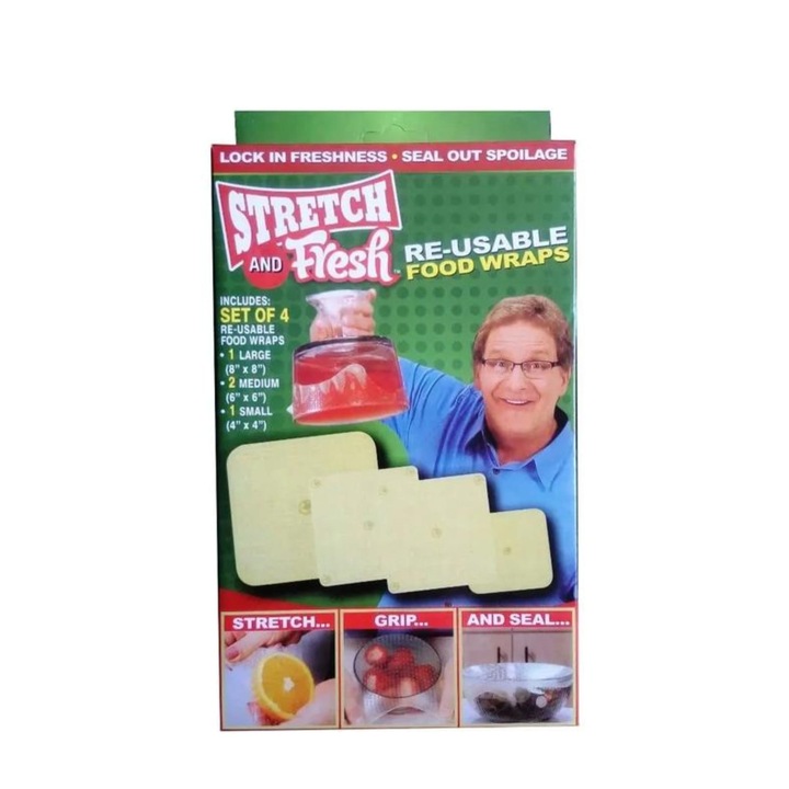 Set 4 capace din silicon, extensibile, reutilizabile, transparente, 1 mare, 2 medii, 1 mic