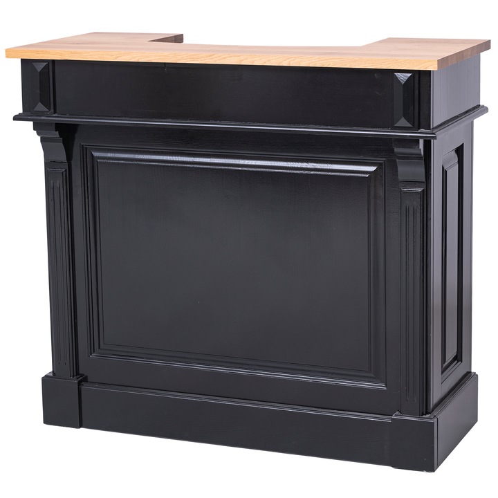 Bar cu blat stejar, cu suport pentru sticle de vin, vopsit, culoare negru, top maro, 100% lemn masiv, 120x107x51 cm