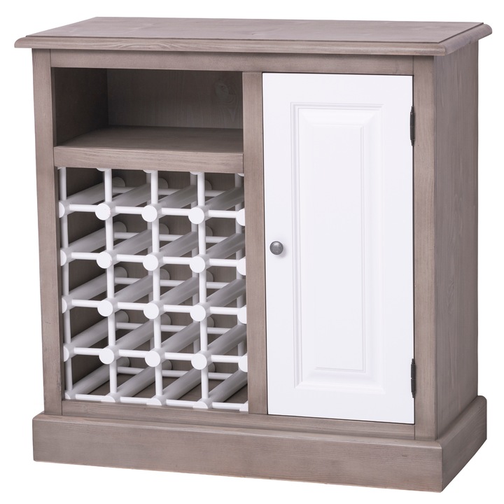 Kis bárszekrény bortartóval, festett, bútortest színe szürke, ajtó és bortartó színe fehér, 100% tömör fa, 90x90x41 cm