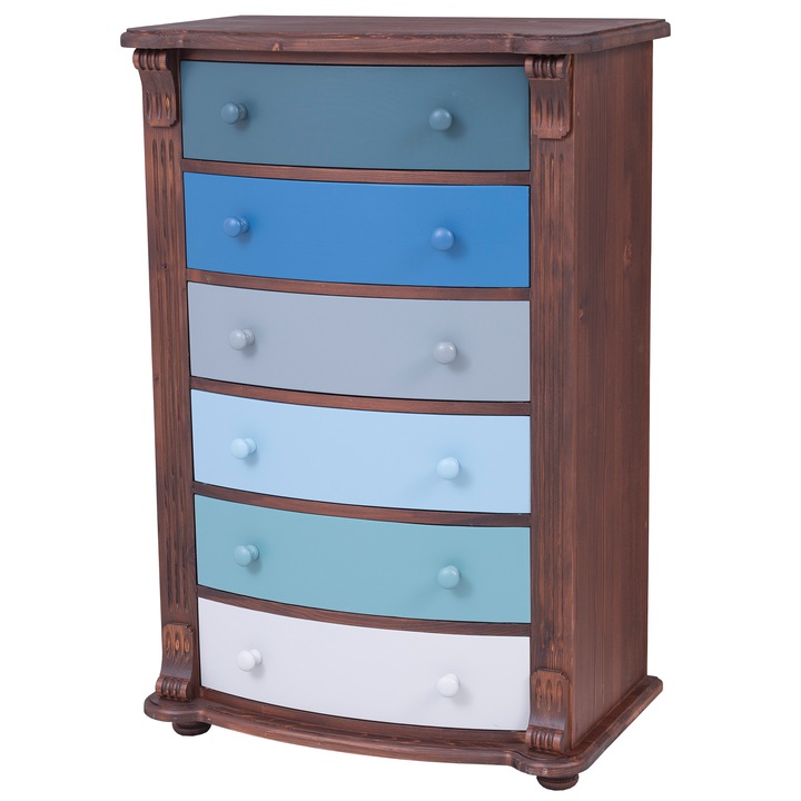 Komód "Directoire" stílusban, 6 ívelt fiókkal, festett, bútortest színe sötétbarna, fiókok multikolor, 100% tömör fa, 80x120x48 cm