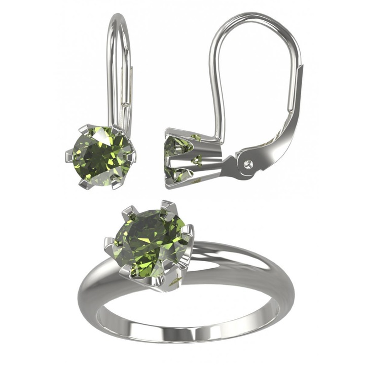 Set de bijuterii din argint cu moldavit pentru femeie cercei si inel