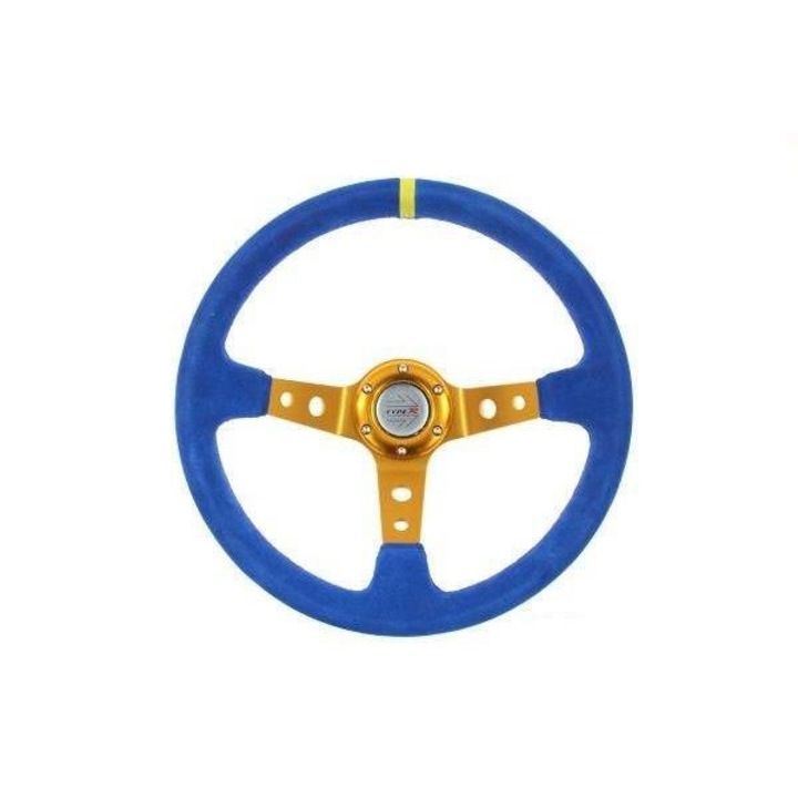 Volan sport Other, 350 mm, Piele intoarsa, Aluminiu, Galben, Albastru