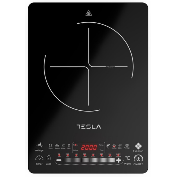 Plita portabila cu inductie Tesla IC400B, 2000W25x25cm, 8 niveluri putere, Negru