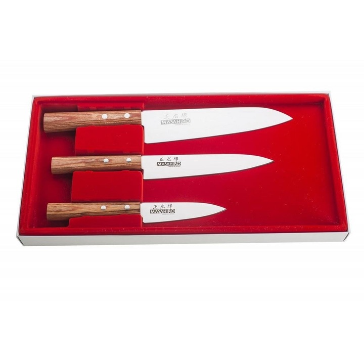 Set 3 cutite MASAHIRO Sankei, Chef cu Utility cu Paring, 180/210/90mm, Maro