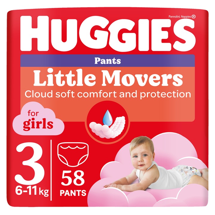 Пелени-гащички Huggies Little Movers 3, Girl, 6-11 кг, 58 броя