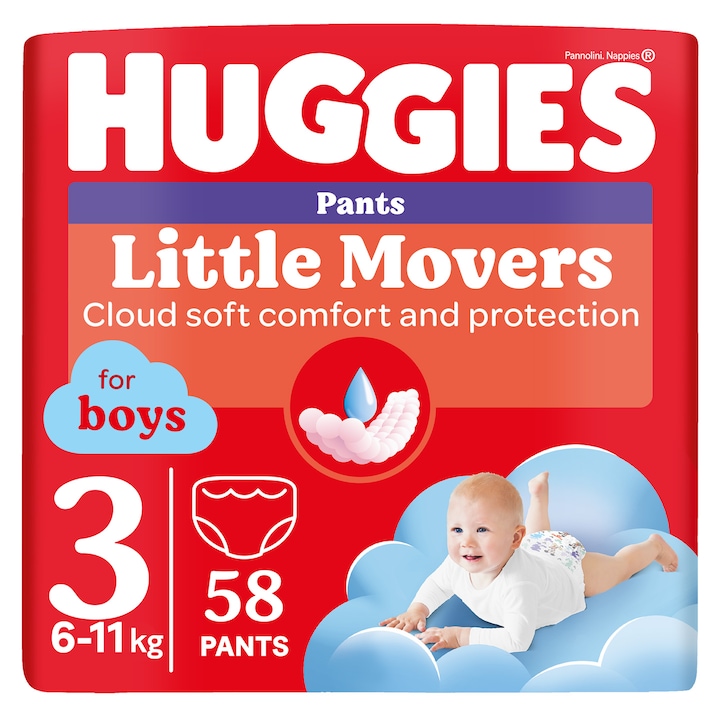 Пелени-гащички Huggies Little Movers 3, Boy, 6-11 кг , 58 броя
