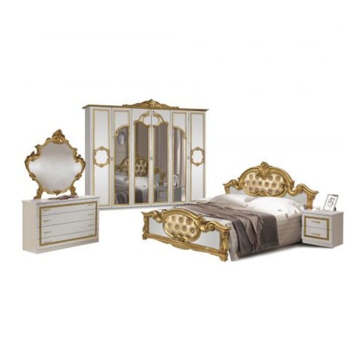 Dormitor italian clasic alb lucios cu auriu BAROCO